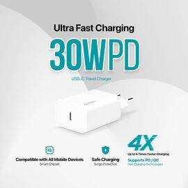 ttec SmartCharger Duo PD Travel Charger  USB-C+USB-A 30W White